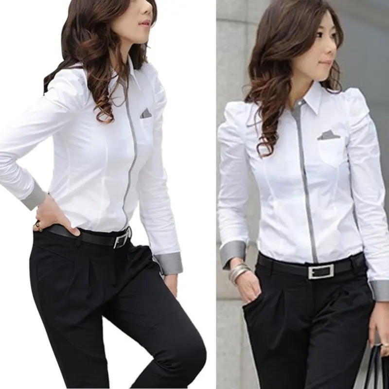 

Women Office White Blouse Lady's Formal Button Down Shirt Long Sleeve Shirt Tops Blouse Fashion