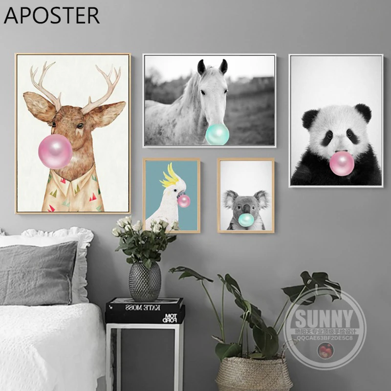 Картина на холсте пузырьковая жевательная резинка лошадь панда олень постеры с