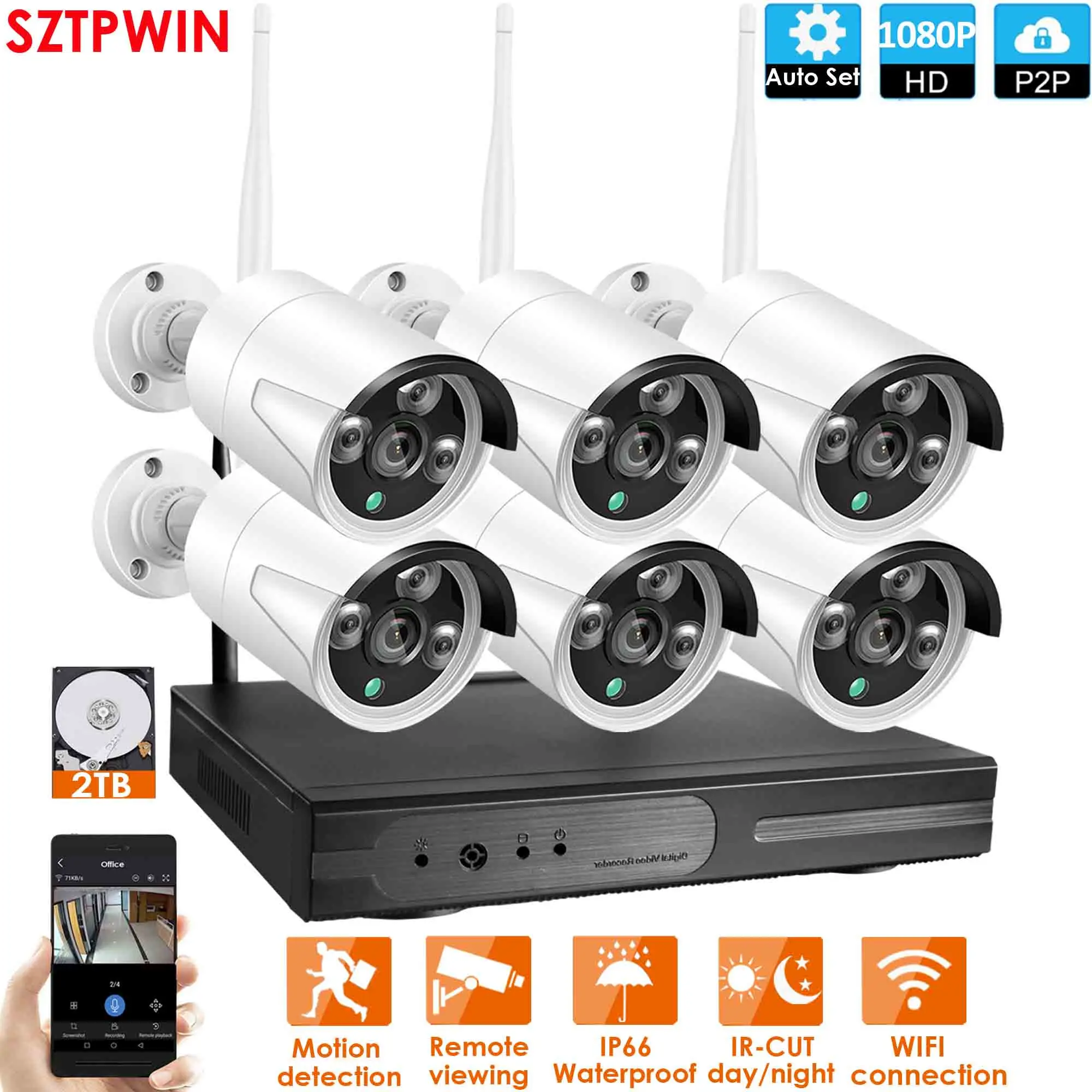 6CH 1080P WIFI KIT 4ch 1080P HD аудио беспроводной NVR комплект P2P 1080P Крытый Открытый ИК ночного видения безопасности 2.0MP аудио IP камера wifi CCTV система - Цвет: 6CH 1080P WIFI KIT