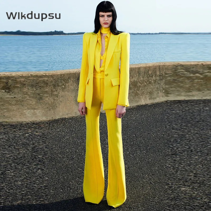 

Женские костюмы с расклешенными брюками, новые официальные офисные строгие брюки, женские брючные костюмы, комплекты из двух предметов