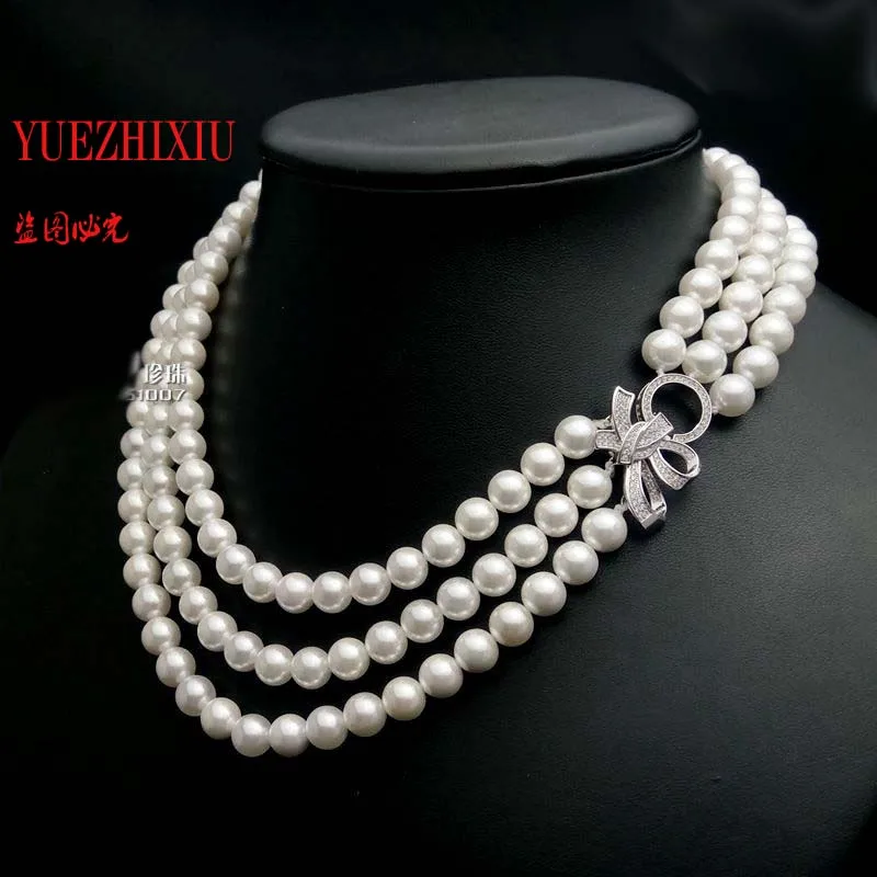 

3row 7-8MM Round White Sea pearl necklace short Girls Gifts Beads Silver collarbone chain Wholesale price