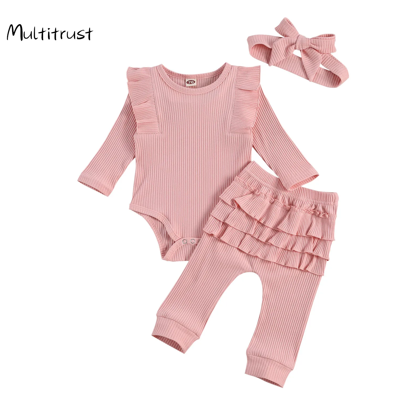 

New Born Baby Ribbed Suit 2020 Girl Solid Color Crew Neck Lace Long Sleeve Top+ Long Lace Pants+Hairband 3-piece Suits