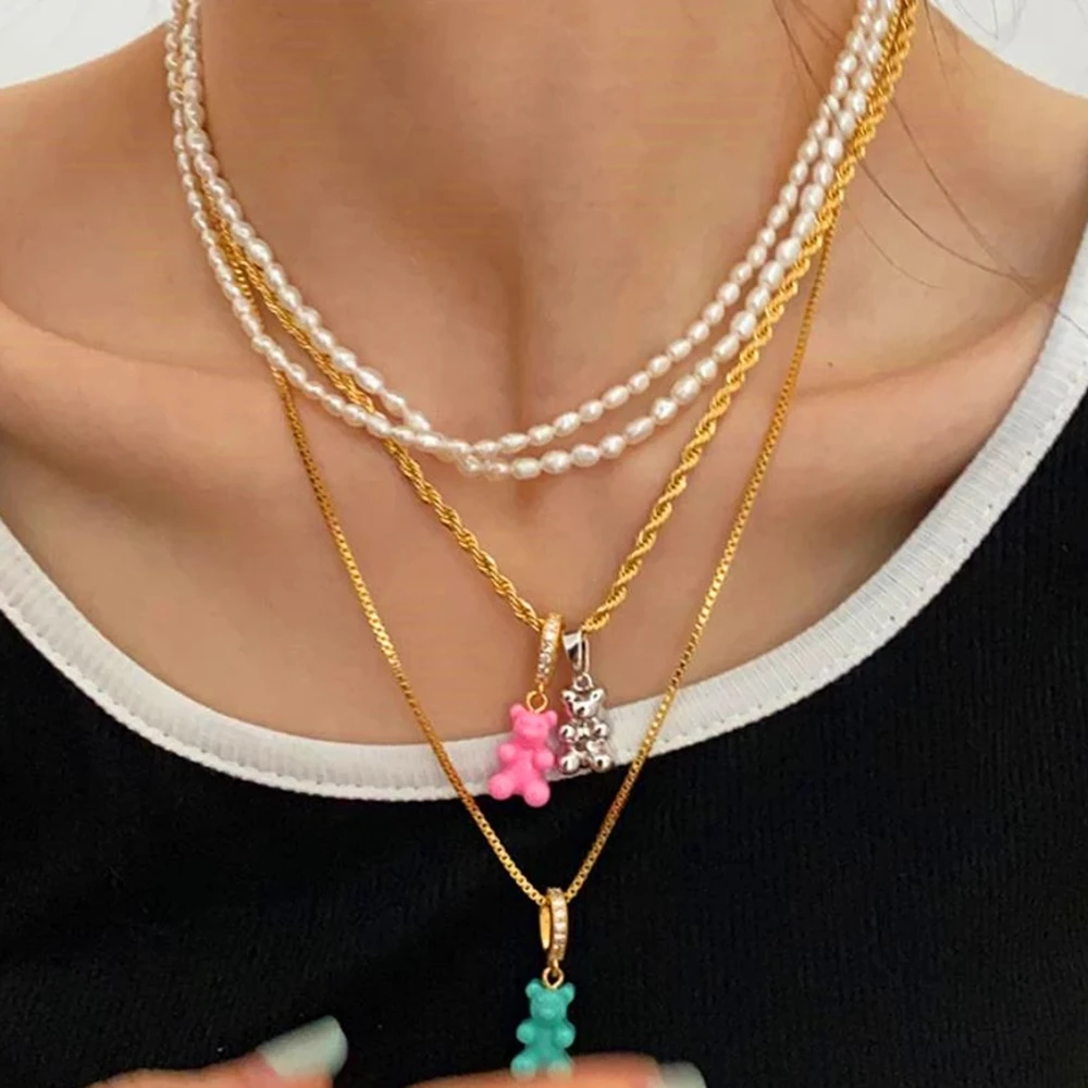 

Korea Cute Candy Gummy Bear Zircon Pendant Pearl Metal Chain Necklaces For Women Colorful Resin Charm Necklaces Daily Jewelry