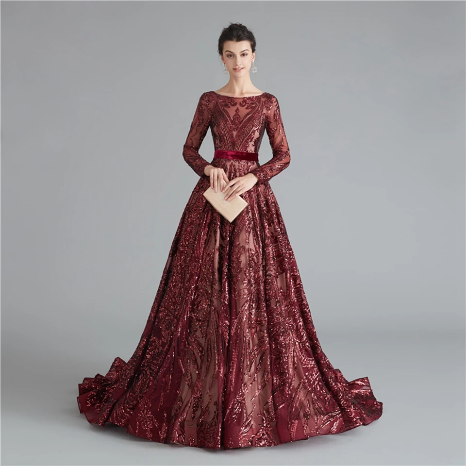 Lakshmigown Dubai Muslim Evening Party Gowns Dresses Burgundy Elegant Arabic Women Sequins Prom Dresses Long Sleeves - Цвет: Бургундия