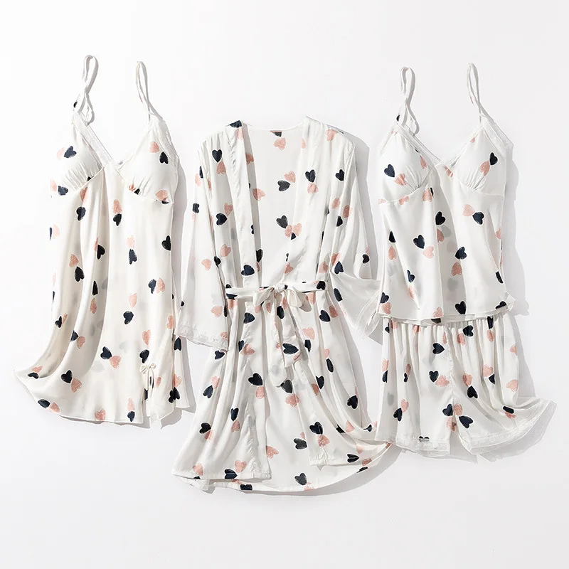 

Summer Nightgown Women Sleepwear Lady Pajamas 4PCS Sleepwear Sets Female Femme Pyjama Satin Comfortable Pants Lounge Comfortable