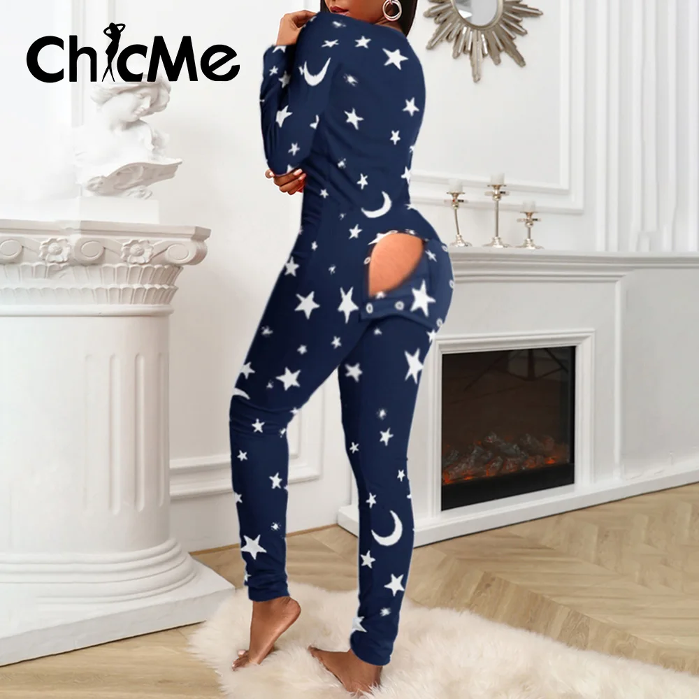 

Chicme Women Christmas Star Moon Print Functional Buttoned Flap Adults Pajamas Jumpsuit Christmas Gift for Women Casual Homewear