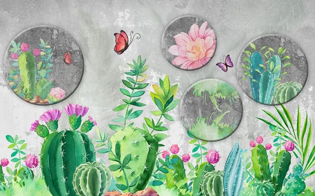 Фотообои с кактусами настенная бумага в скандинавском стиле изображением