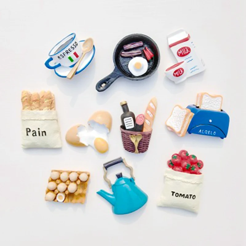 Ev dekorasyon manyetik buzdolabı yapıştırın yapışkan notlar ekmek makinesi domates yumurta pan demlik süt modeli buzdolabı mıknatısı koleksiyonu