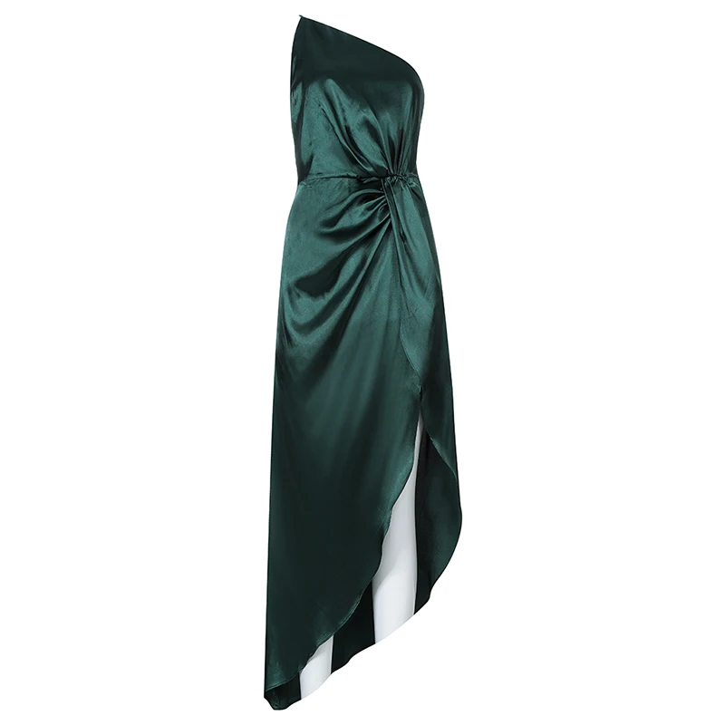 

Max Spri Women Sexy One Shoulder Slim Asymmetrical Midi Dress Ruched Split Sleeveless Satin 2019 New Fashion Party Vestidos