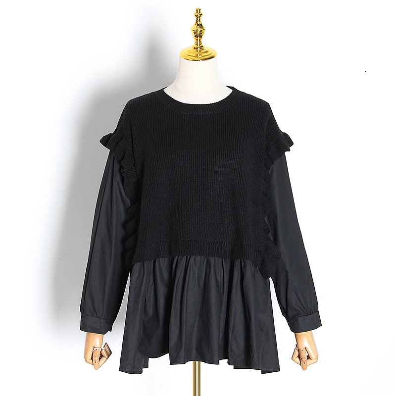 black TWOTWINSTYLE повседневные Лоскутные женские свитера с рюшами, круглый вырез, длинный рукав, с рюшами, свитер для женщин, модная одежда - Цвет: black