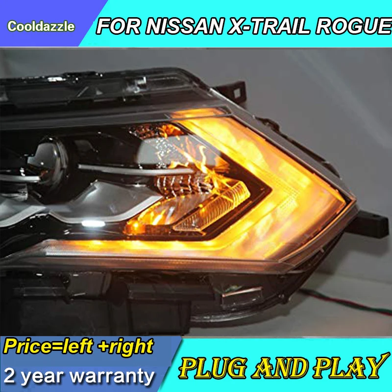 1 пара для NISSAN X-Trail Rogue светодиодный светильник на голову год черный корпус передняя лампа головной светильник s с дневным ходовым светильник