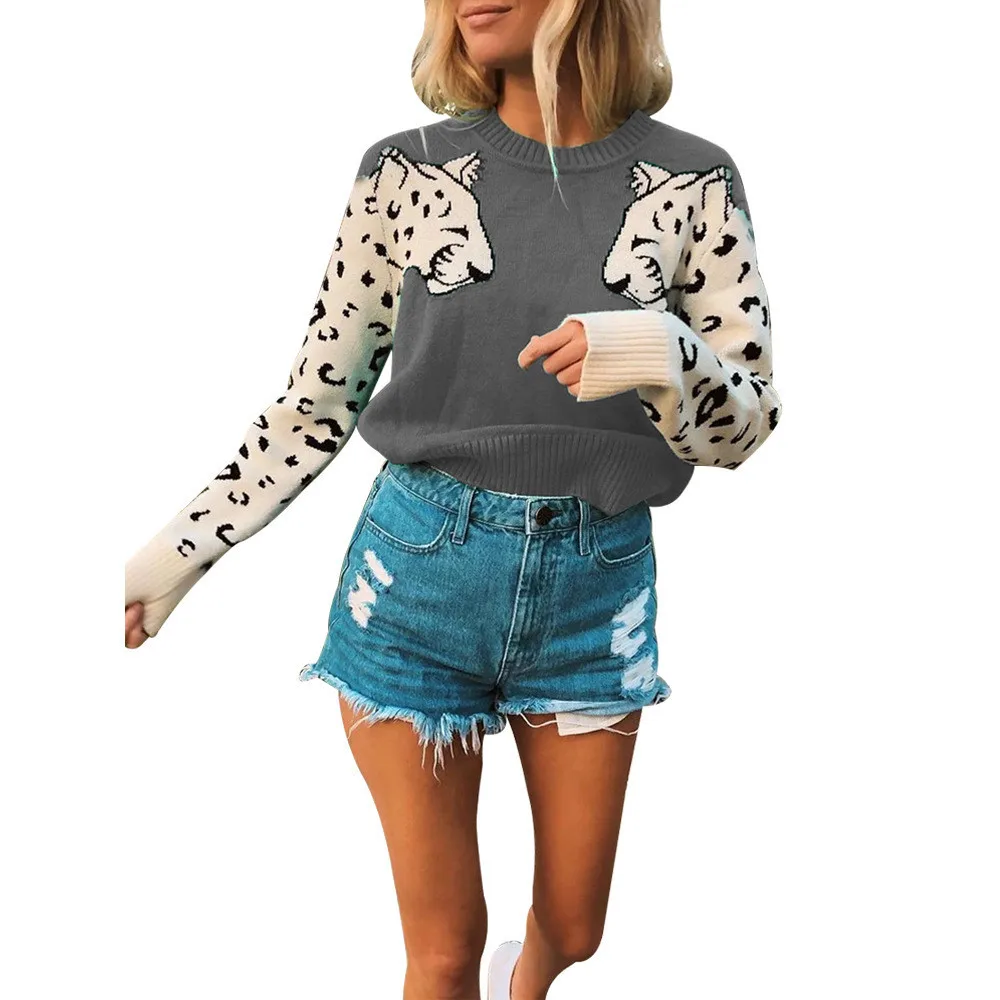 

Women Sweater Green Leopard Pattern Pull 2021 Long Sleeve Knit Sweater Casual Autumn Winter Sweaters O-Neck Pullover Jumperer