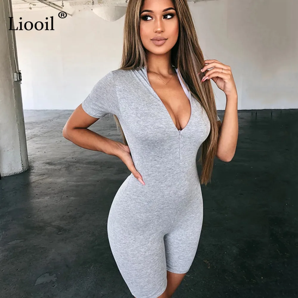 Short Sleeve-Gray Liooil, черный, серый, Облегающий комбинезон, женская одежда с обеих сторон, сексуальный комбинезон, осень, на молнии, вечерние, Клубные комбинезоны, комбинезоны, шорты - Цвет: Short Sleeve-Gray
