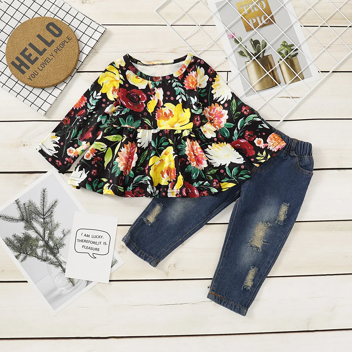 2pcs Kids Baby Girls Outfits Casual T-shirt Tops Long Ripped Pants Leggings Clothes Set Autumn floral sleeve clothing | Детская одежда