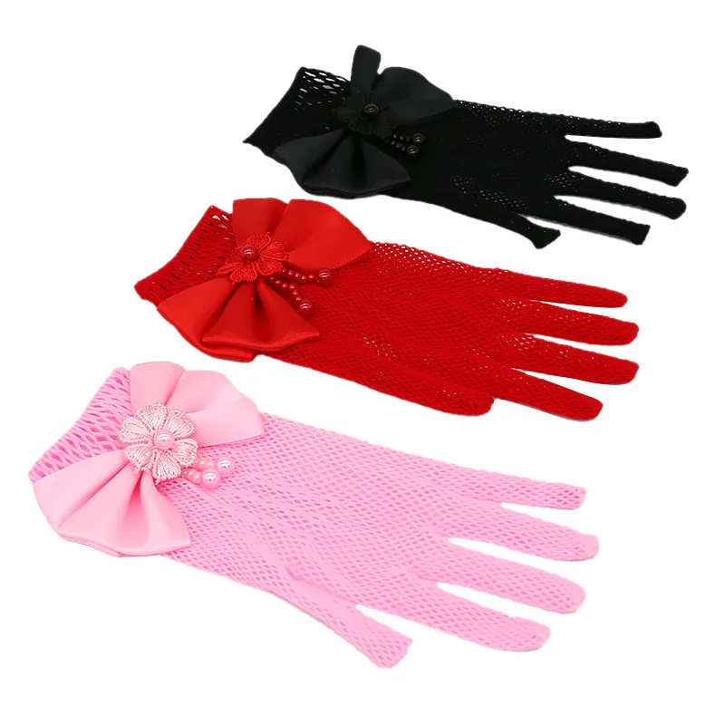 Перчатки для девочек кружевные перчатки с бантом и жемчугом праздничные