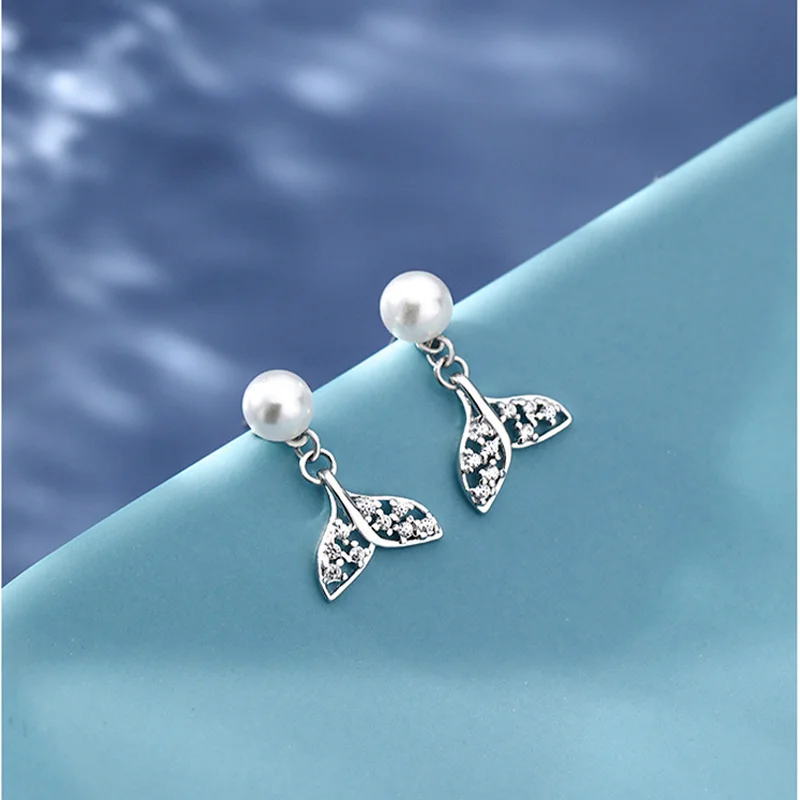 

100% Real 925 Sterling Silver Pearl Shining CZ Lovely Mermaid Tail Dop Dangle Earring for Women Korean Fashion Fine Jewelry 2021