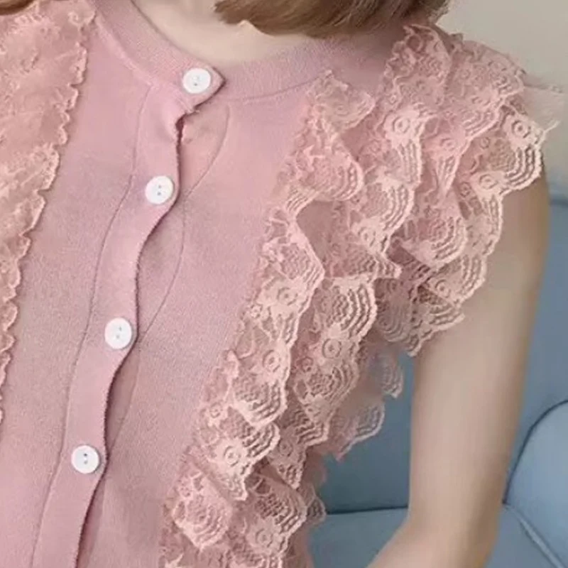 

Summer Women Knitted Blouse Shirt Pullover Sleeveless Ruffles Blouse Tops Women Blusas Mujer De Moda 2021 Blouses Shirts F72