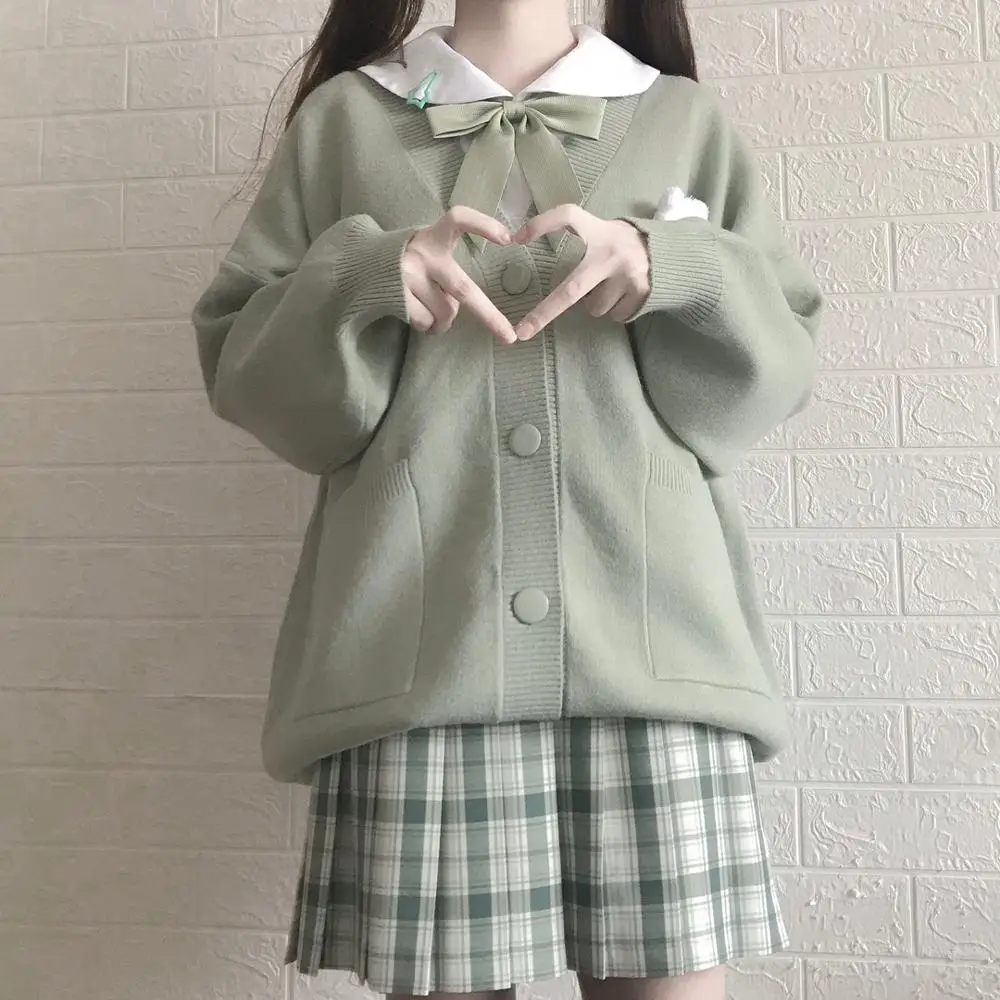 

Autumn JK uniform Strawberry Embroidery Coat Young Girl Cardigan Soft Sister Solid color V-Neck Knitted Jacket College style