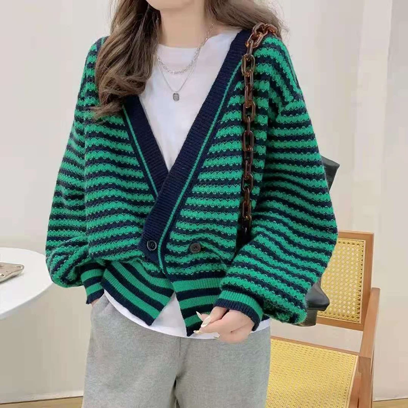 

Women's Sweaters Casual V-neck Girl's Cardigan Winter Loose Fashion Button Long Sleeve Top Striped Lady Clothing Houthion