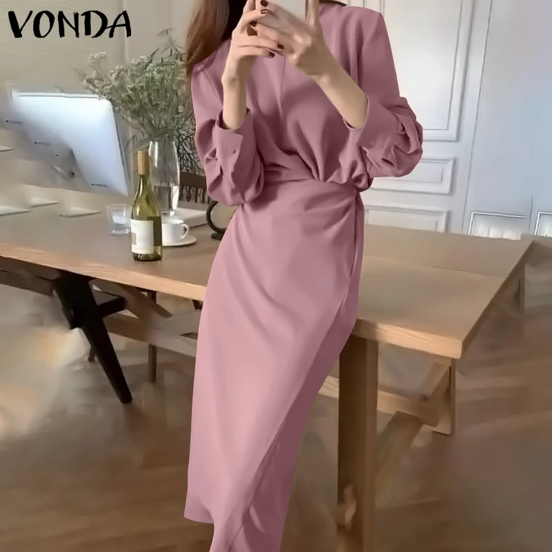 

Осеннее платье-рубашка VONDA 2022, стильный женский Повседневный плиссированный богемвечерние праздничный сарафан с длинным рукавом и отложны...