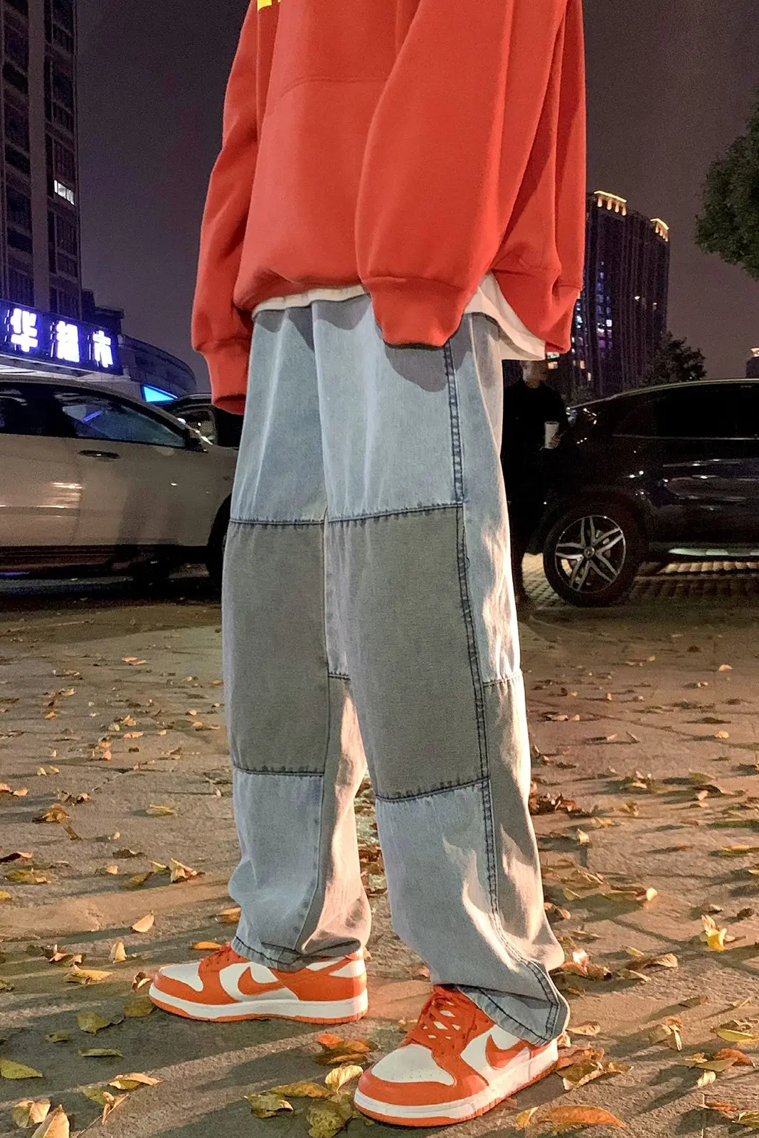 

2020 Autumn And Winter New Youth Fashion Men's Loose Contrast Stitching Jeans Fashion Casual Washed Straight Pants Black/blue