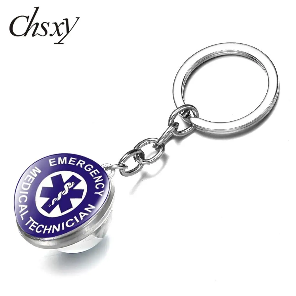 

CHSXY New EMT First Aid Medic Keychain Emergency Medical Technician Statement Key Ring Holder Double Sided Glass Ball Key Chain