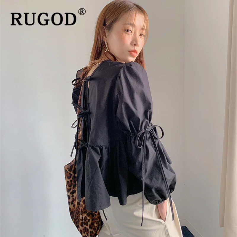 RUGOD ins, модная однотонная женская блузка, Корейская, с пышными рукавами, с открытой спиной, на шнуровке, женская осенняя одежда, повседневные, с оборками, милые топы, femme