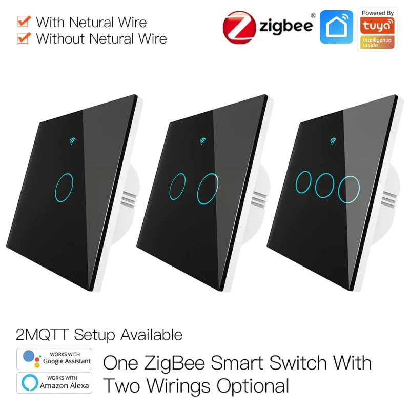 

Умный сенсорный выключатель ZigBee, не требует нейтрального провода, для умного дома, ЕС, 2/3 клавиши, 100-240 В, поддержка Alexa Google Home приложения Tuya