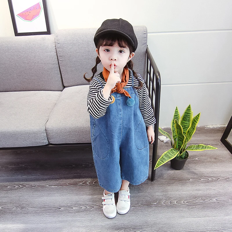 

Cowboy Overalls Bib Pants Baby Suspender Pant Jumpsuit Solid Boy and Girls Loose Wide Leg Pants For Kids spring Autumn Trousers