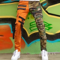 mens camouflage hole webbing tooling 2022 two color stitching personality hole washed straight denim trousers trend