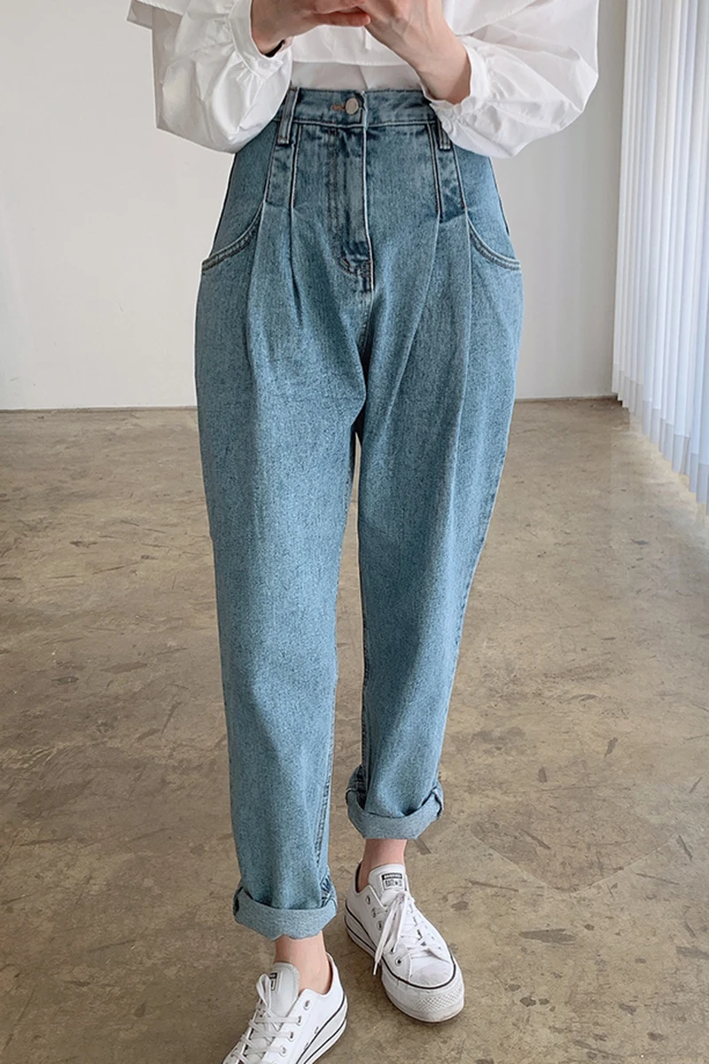

Women Pants 2021 Summer Korean Chic All-Match High-Waist Double-Pocket Thin Folds Washable Blue Straight-Leg Jeans