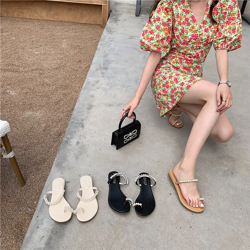 

2021 Summer New Fashion Sweet Pearl Lazy Beaded Sandals 2CM Height Increase Slippers