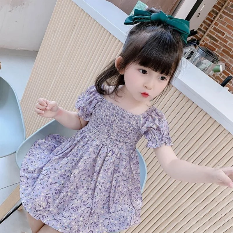 

Summer 2021 New Arrivals Girls Dress Chiffon Short Sleeve Purple Floral Bodycon A-line Cute Princess Dress 18M-6T