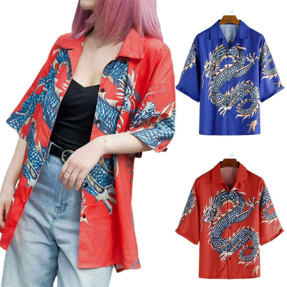 

Men Women Hawaiian Shirts Dragon Print Short Sleeve Top Holiday Beach Summer Tee