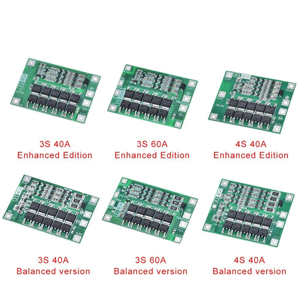 Защитная плата 3S/4S 40A/60A 18650 BMS для зарядки литий ионных батарей двигателя