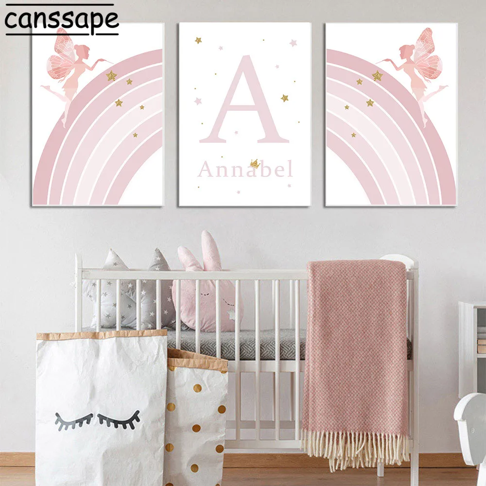 

Pink Fairy Posters Custom Name Canvas Painting Rainbow Nursery Wall Art Poster Nordic Wall Pictures For Baby Girl Bedroom Decor