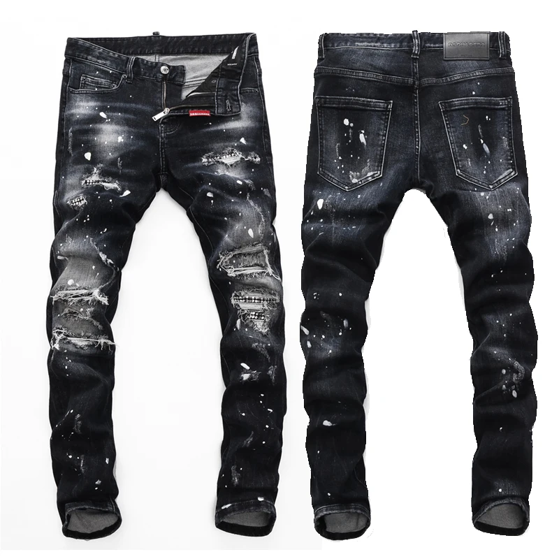 

European style maple leaf black Italy jeans classic Men denim trousers Patchwork Slim letter jeans Pencil Pants for men