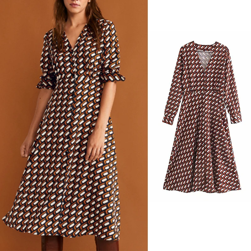 Женское Повседневное платье za офисное с длинным рукавом и цветочным принтом зима