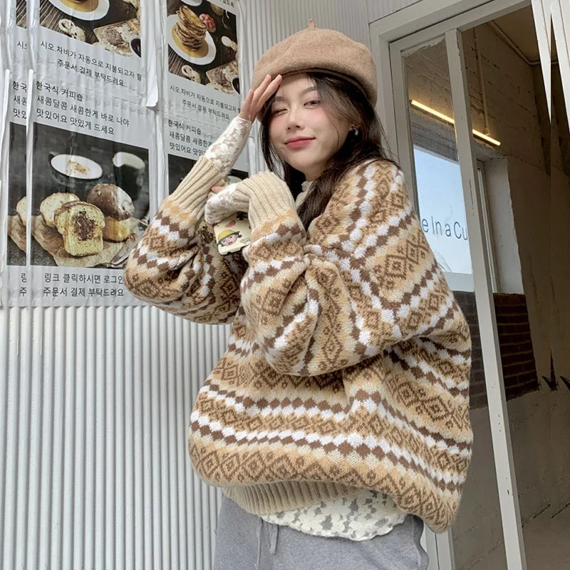 

2021 Spring Korean Plaid Print Women Casual Knitted Sweater Pullover Tops Pull Femme Autumn O Neck Long Sleeve Ladies Knitwear