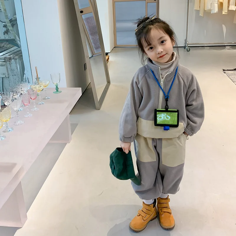 

2PCS WLG Kids Winter Outfits Boys Girls Velvet Thick Gray Patchwork Coat and Pant Set Baby Girl Warm Casual Clothing Set