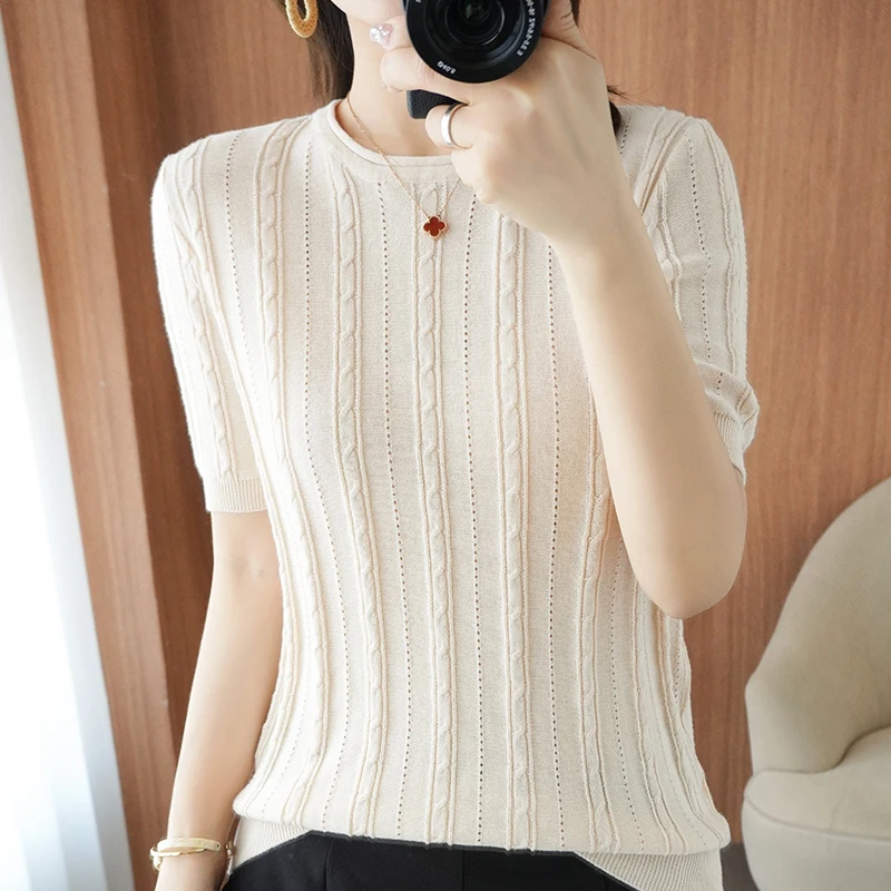 

Thin Large Size Hollow Texture Round Neck Knitted Short-Sleeved Women's 100%Pure Cotton Top 2021 Summer New Loose T-Shirt Shirt