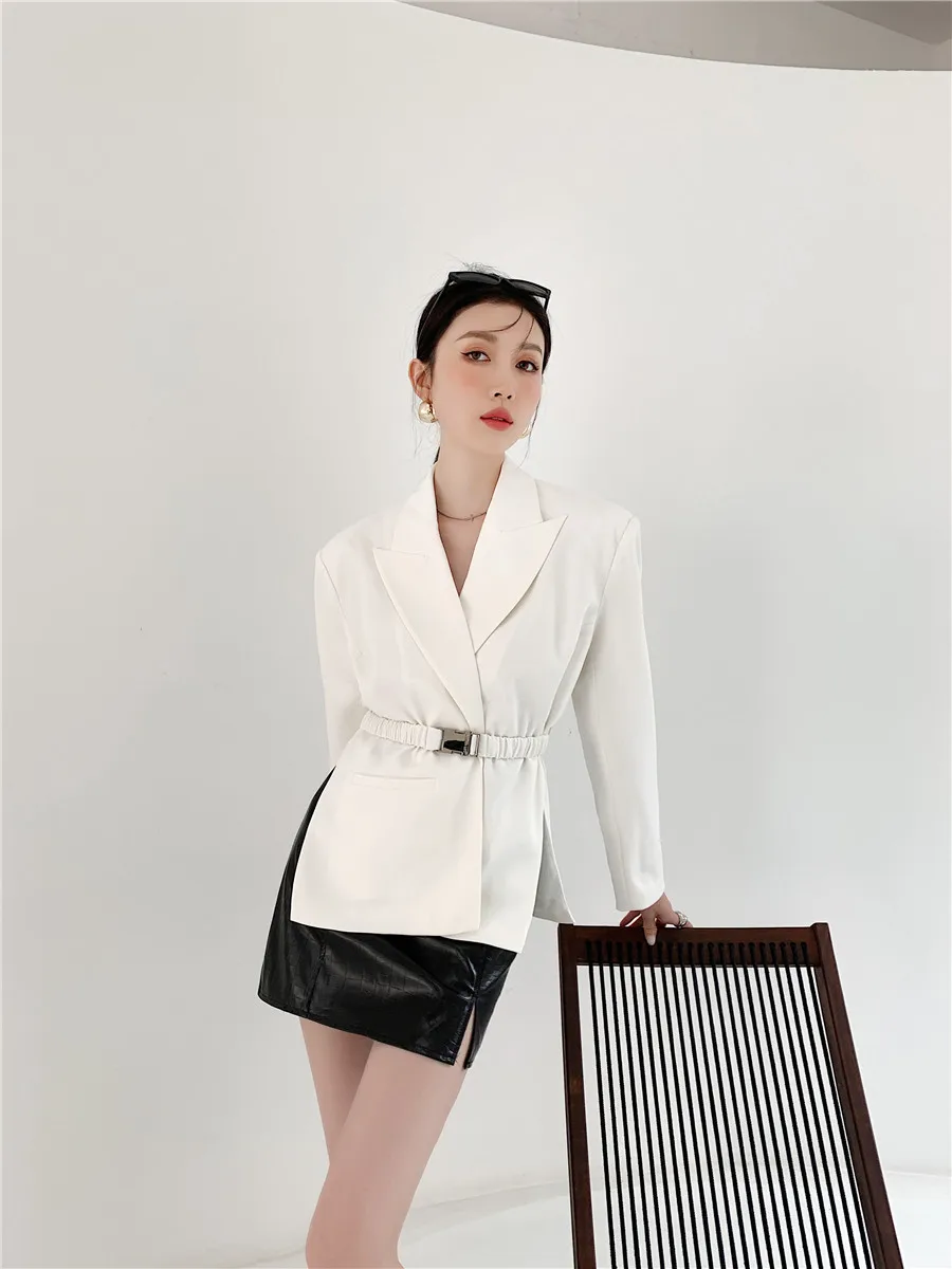 

White Designer Blazer For Women Notched Long Sleeve Sashes Elegant Blazers Female Fashion New Clothing 2021 Short Design XC484