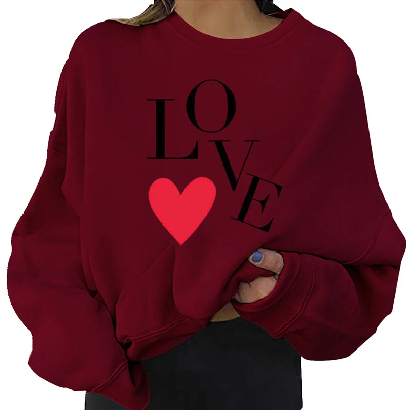 Fall 2021 Women Sweatshirts Big Size XXL LOVE Printed Long Sleeve Streetwear Hoodies O-neck Couple Clothes Red White Pullovers