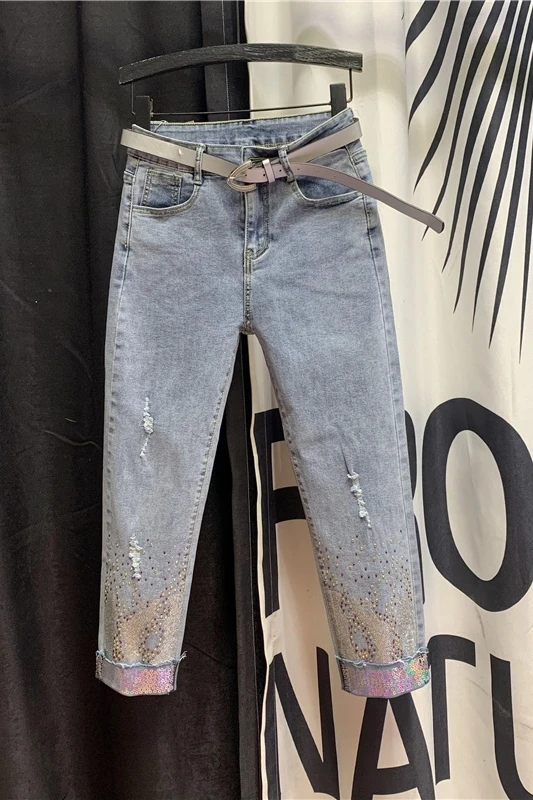 

2021 Spring New Rhinestone Jeans Women's Fashion Cropped Pants Straight-Leg Pants Street Holes Girls Jeans Student Denim Trouser
