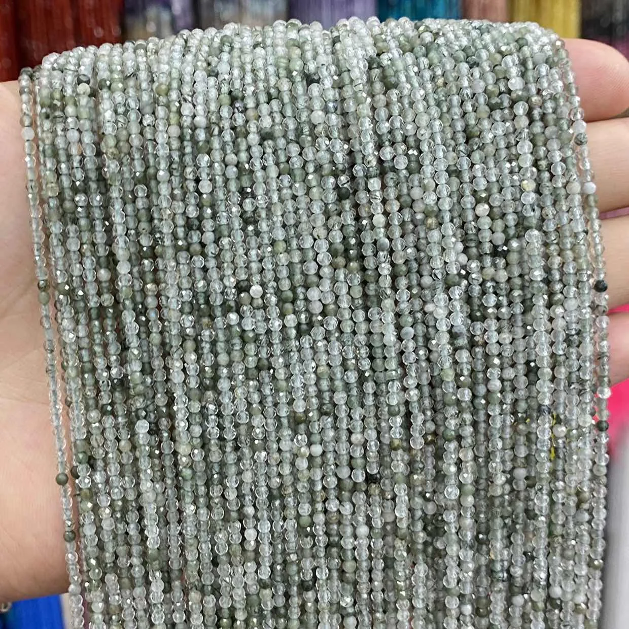 

2MM Green Rutilated Faceted Round Natural Stone Small Size Beads For Jewelry Making Design Accessories 15"/Strand Wholesale