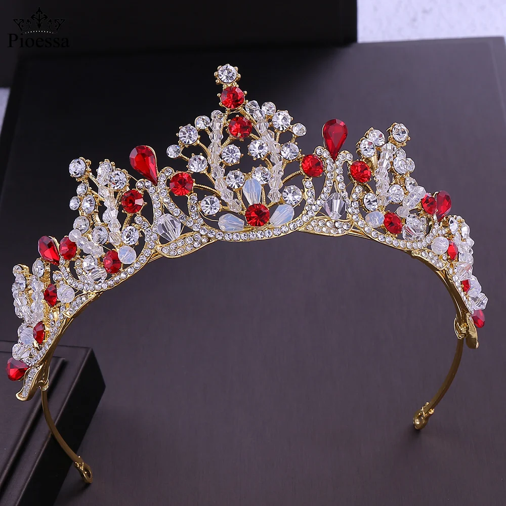 

Gold/Red Rhinestone Crystal Women Girl Birthday Tiaras and Crown Noiva Diadem Headpiece Wedding Accessories Bridal Hair Jewelry