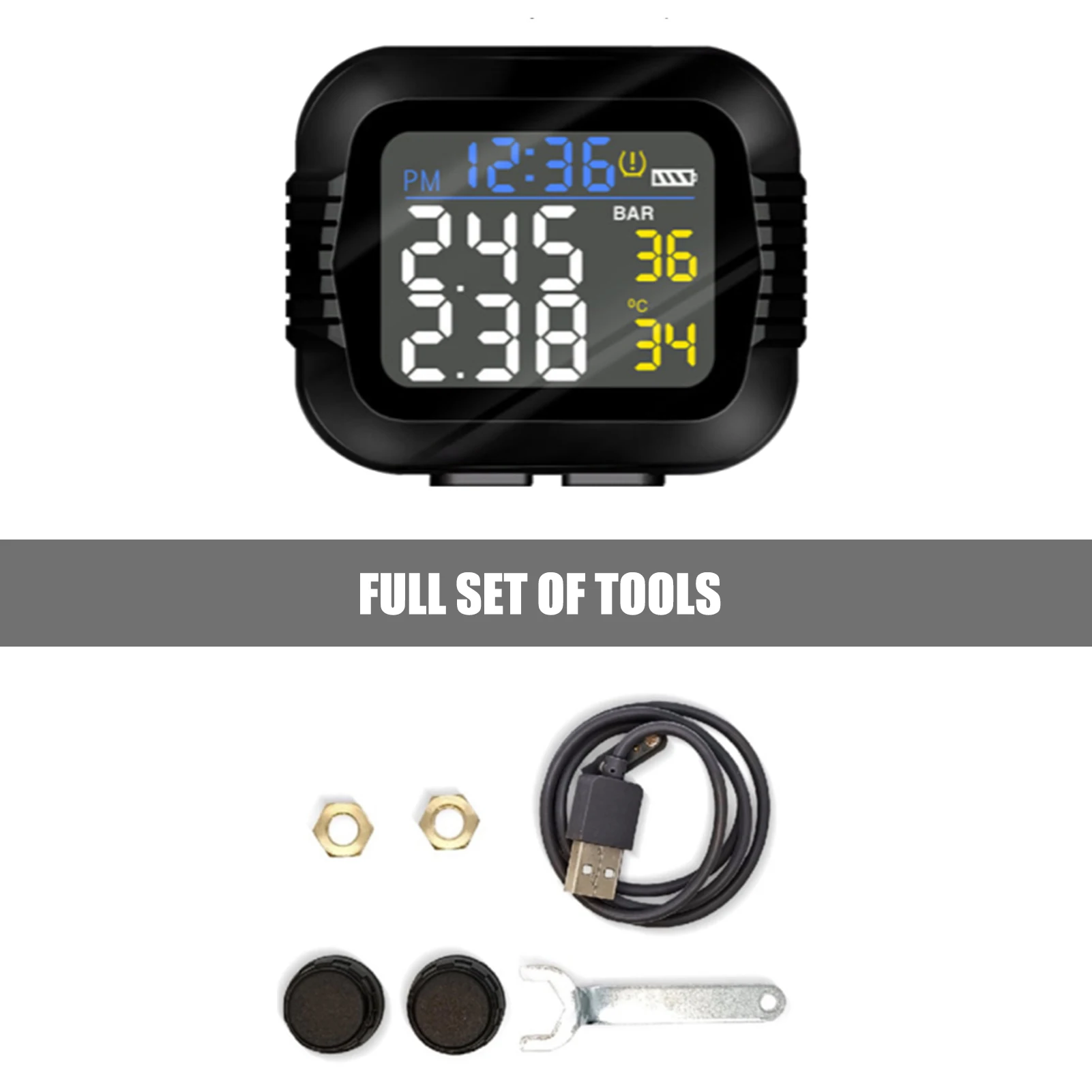 

Motorcycle TPMS Motor Tire Pressure Tyre Temperature Monitoring Alarm System With 2 External Sensors Motos USB Charging