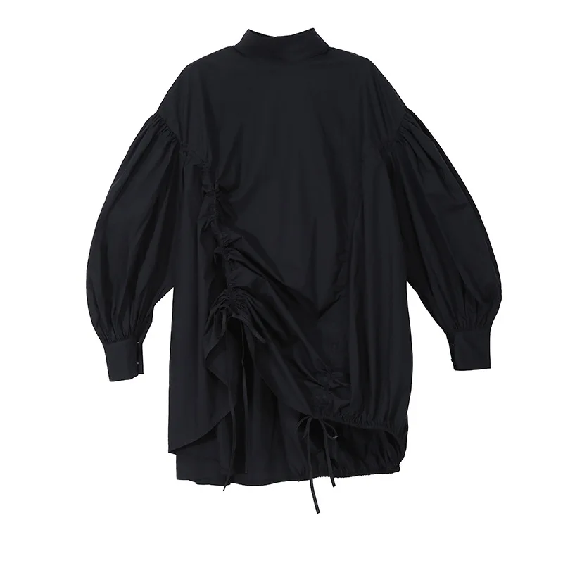 

Fall/winter women's oversize blouse drawstring wide loose long sleeve stand collar shirt women blouse5887