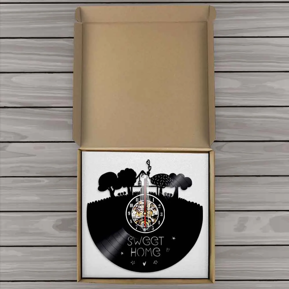 

Sweet Home Wall Clcok Made Of Real Vinyl Record House Around Trees Close To Nature Vintage Wall Watch With LED Backlight Artwork