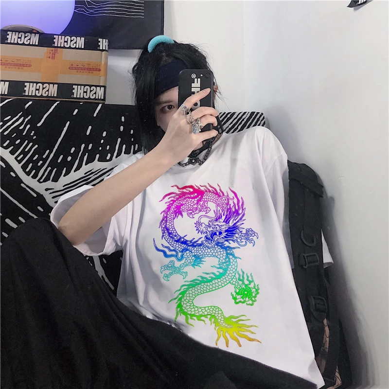 

Women's T-Shirts Rainbow Dragon Printed Tshirt Harajuku Vintage Shirt Gothic Loose Clothing Summer Woman Tee Tops Female T-shirt